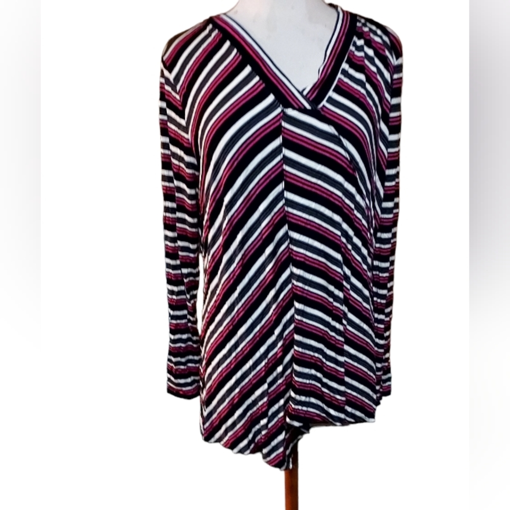 Cato 2xl Top Shirt Blouse Long Sleeve Striped Black Pink Y2k Striped Stretch...